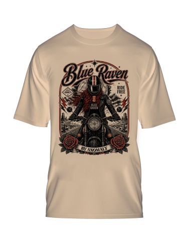 T-shirt Biker Blue Raven Moto Vintage Beige Blue Raven By Anomaly