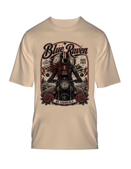 T-shirt Biker Blue Raven Moto Vintage Beige Blue Raven By Anomaly