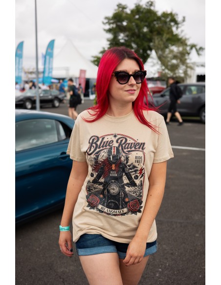 T-shirt Biker Blue Raven Moto Vintage Beige Blue Raven By Anomaly