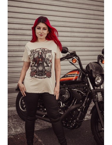 T-shirt Biker Blue Raven Moto Vintage Beige Blue Raven By Anomaly
